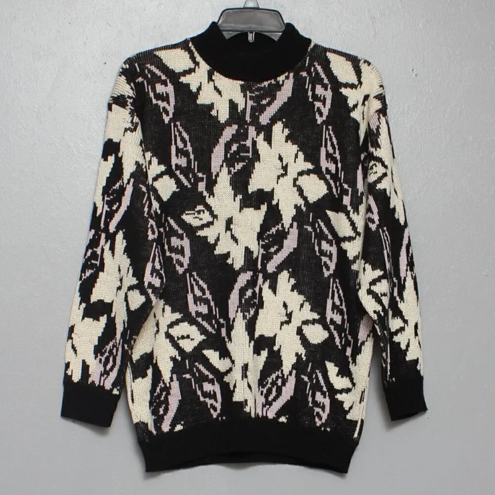 Vintage glamour knit abstract floral black cream lavender sweater
